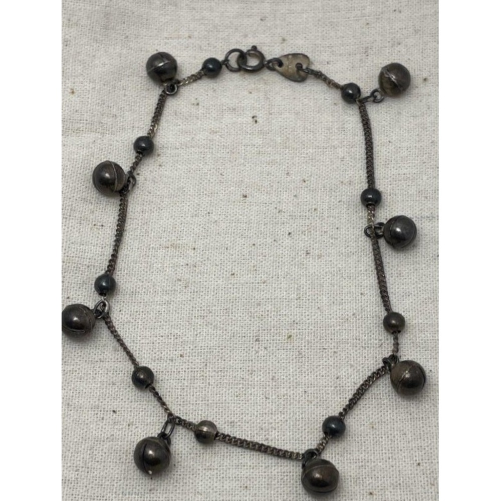 Vintage 925 Sterling Silver Jingle Bell Charm Anklet Heart Tag LEA 9.5 Inch